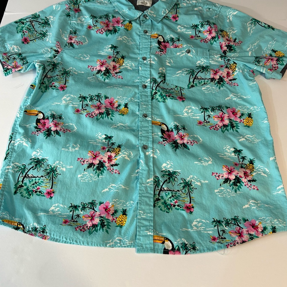 Men's Floral Toucan Print Shirt‎ - Aqua w Floral Print
